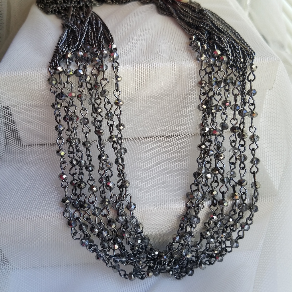 Vera Wang Long Multi Layer Gunmetal Chain Crystal Necklace Nwot